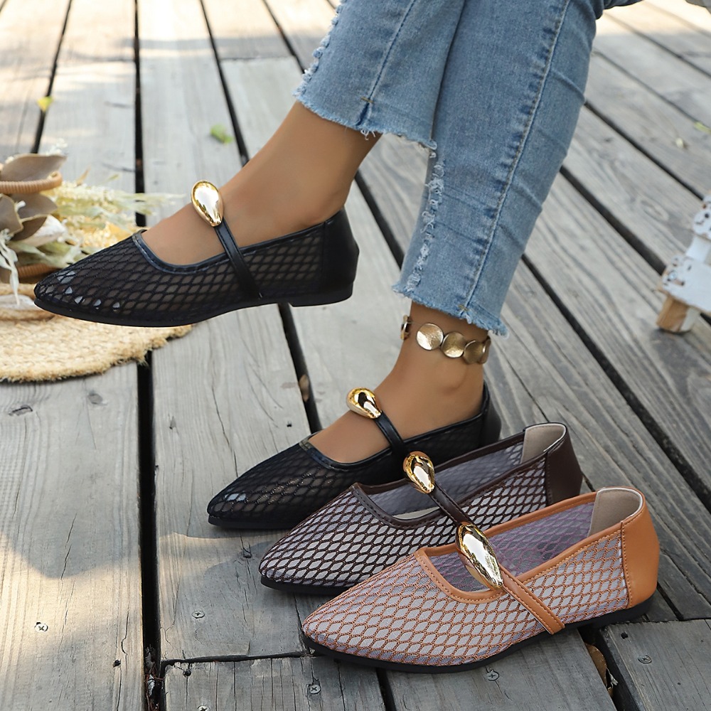 Mesh Strap Metal - Damskie ażurowe baleriny Mary Jane z